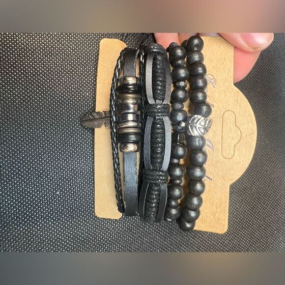 Set of 5 Black Beaded and Leather Bracelets with Feather Charm - Picture 5 of 5
